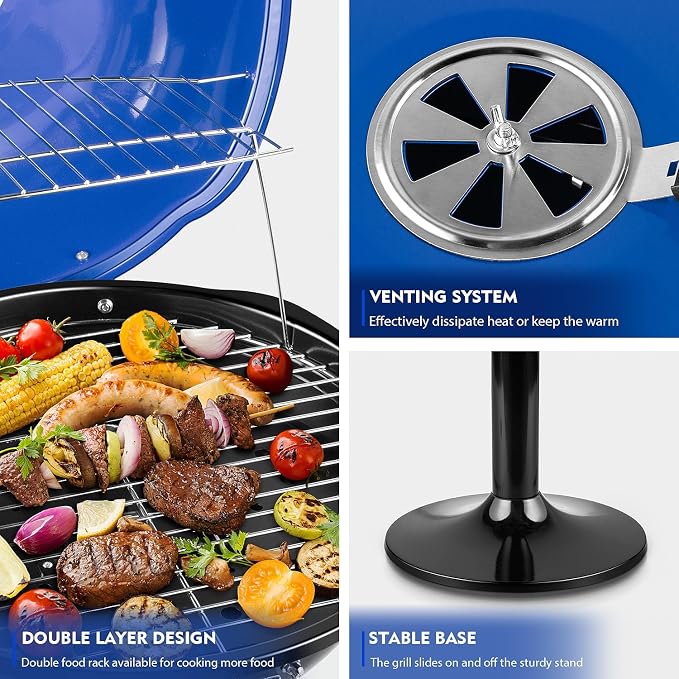 Electric Grill, Techwood Indoor/Outdoor Electric BBQ Grill, 1600W Portable Removable Stand Grill with Adjustable Heat & Drip Tray, Double Layer Design for Party, Patio & Backyard (Blue)