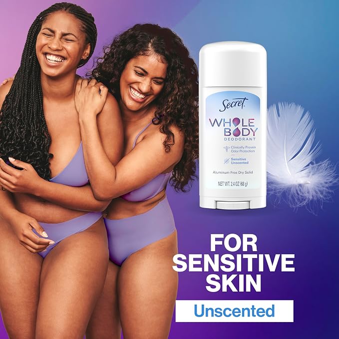 Secret Whole Body Deodorant Stick for Women, Naturally Derived Ingredients, Unscented, Aluminum Free Deoderant Stick, 72 HR Odor Protection, 2.4 oz