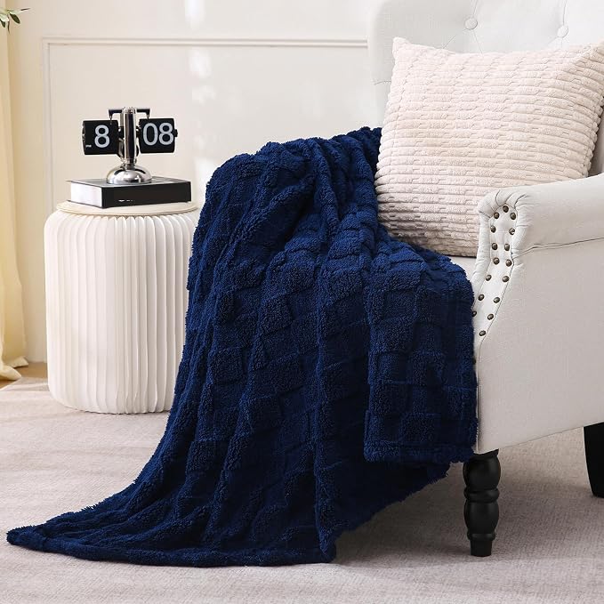 Navy Blue Fleece Throw Blanket 60”×80”Checkered Design for Couch | Super Soft Cozy Plush Microfiber 3D Square Pattern Flannel Blanket for Sofa Bed Lightweight for Adults,Women