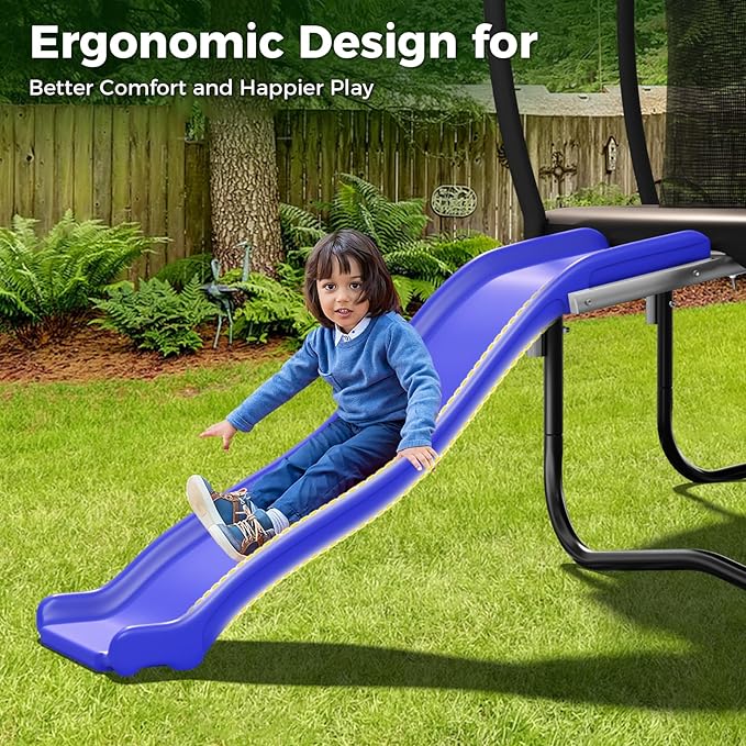 Lyromix Plastic Trampoline Slide for 8-16FT, Heavy Duty Outdoor Slide for Trampoline, Safe Trampoline Ladder for Kids 6+, 220 LBs Capacity, Blue