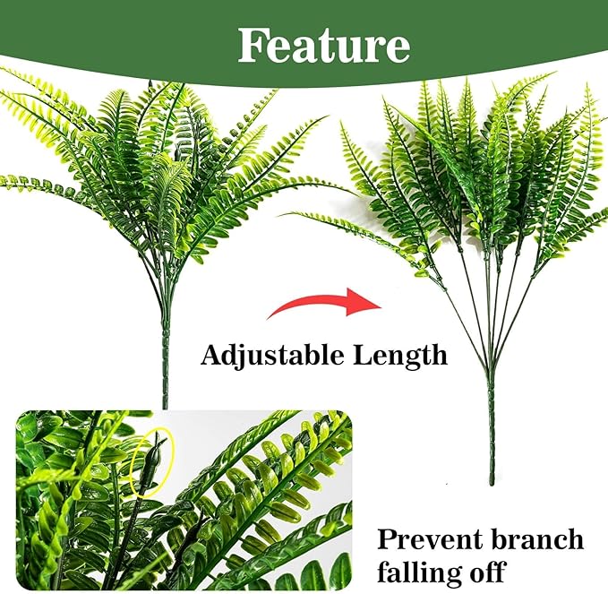 MAQIHAN 10PCS Fake Fern for Outdoor - Artificial Boston Fern Stems Decor | Realistic Fake Greenery for Large Planters, Vase, Porch, Patio, Garden Decor, Faux Plants for Indoor, Outdoor Home Decoration