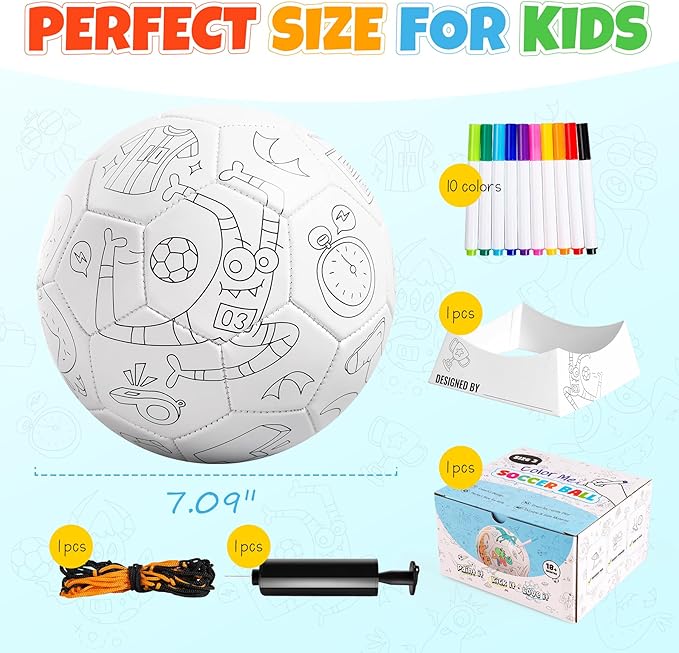 EVERICH TOY Paint Your Own Soccer Ball with Markers, Toddler Arts and Crafts Soccer Gifts, Kids Soccer Ball Size 3 Monster Toys for Boys Girls, Sports Drawing DIY Design Color Play Ball Game with Pump