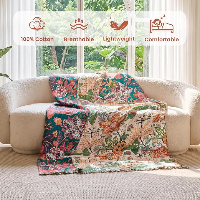 MSGKV Boho Throw Blanket 50"x60" 100% Cotton Embroidery Floral Muslin Throw | 100% Cotton Muslin, Embroidered Floral Throw, Soft & Breathable, Lightweight Comfort, Couch & Bed Decor, Machine Washable