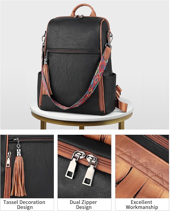 FADEON Leather Backpack Purse for Women Designer Travel Backpack Purses PU Fashion Ladies Shoulder Bag with Tassel
