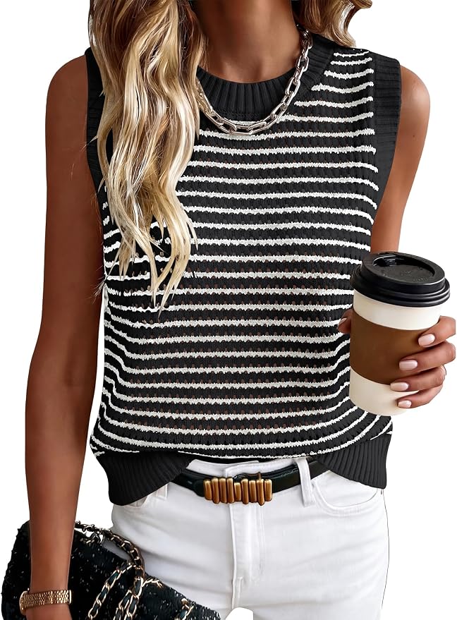 ANRABESS Womens Sleeveless Sweater Vest Striped Tank Tops | Crochet Knit Crew Neck, Lightweight Soft Comfy, Vacation Travel Work Casual Outfits, Sping Summer Layering Clothes