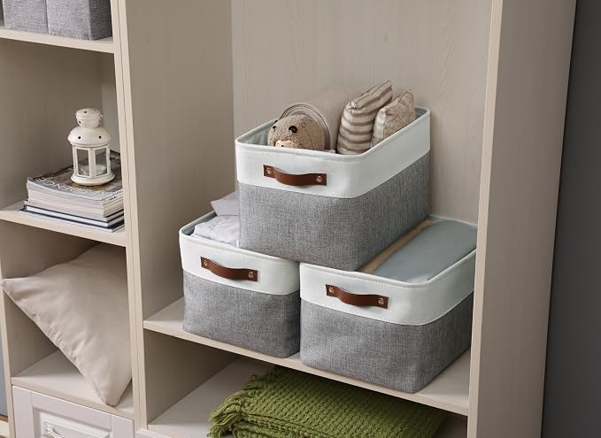 DECOMOMO Storage Bins, Extra Large Fabric Storage Baskets for Shelves 4Pack | 15.8 x 12.5 x 10 inches Decorative Linen Closet Organizers (Grey & White)