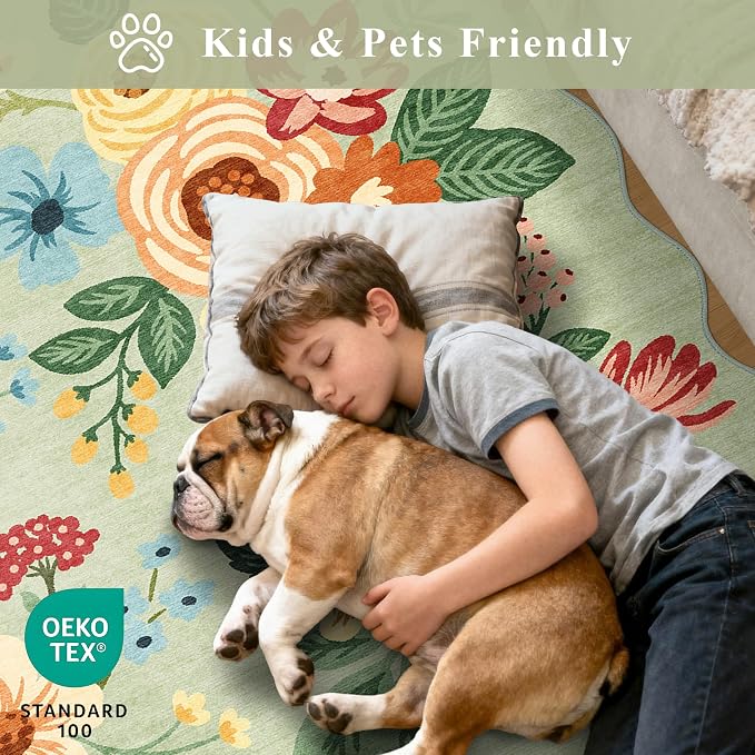 DUKINO 2.6x12 Washable Runner Rug, Floral Non Slip Long Kitchen Rug, Green | Low Pile, Stain Resistant, Soft Throw Rugs Runner for Hallway, Entryway, Bedroom, Bathroom, Modern Home Decor, Non-Shedding