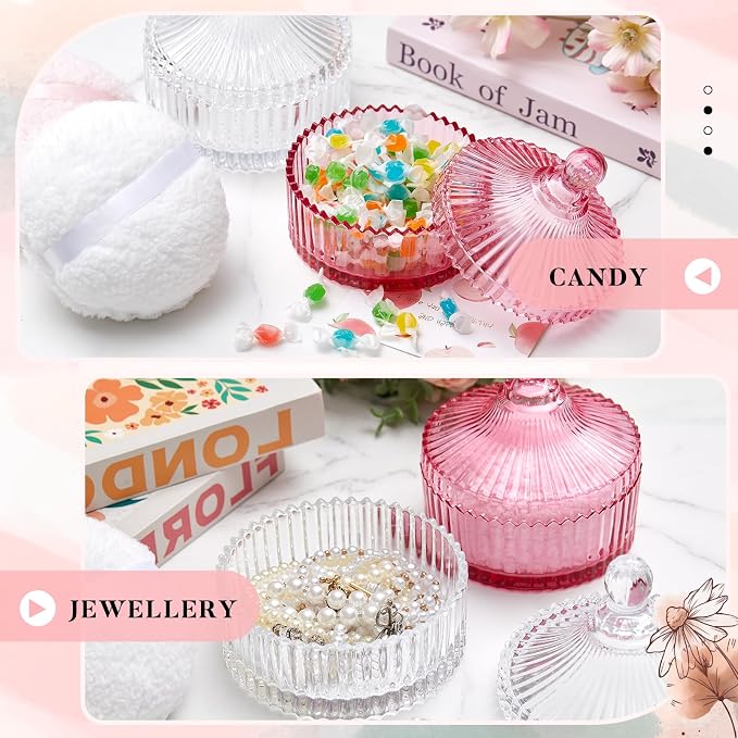 Tioncy 2 Set Extra Large Body Powder Puff and Container, 6'' Washable Vintage Decorative Crystal Powder & Container Gift for Bathroom Counter & Feminine Vanity Decor(Classic,Pink and Clear)