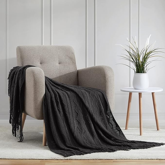 BOURINA Black Throw Blanket 50x60 Inch Boho Knitted Soft Throw Sofa Blanket | Knitted Throw Blanket 50x60 Inches, Soft Lightweight Boho Weave Throw Decorative Couch Blanket for Living Room Bedroom Chair