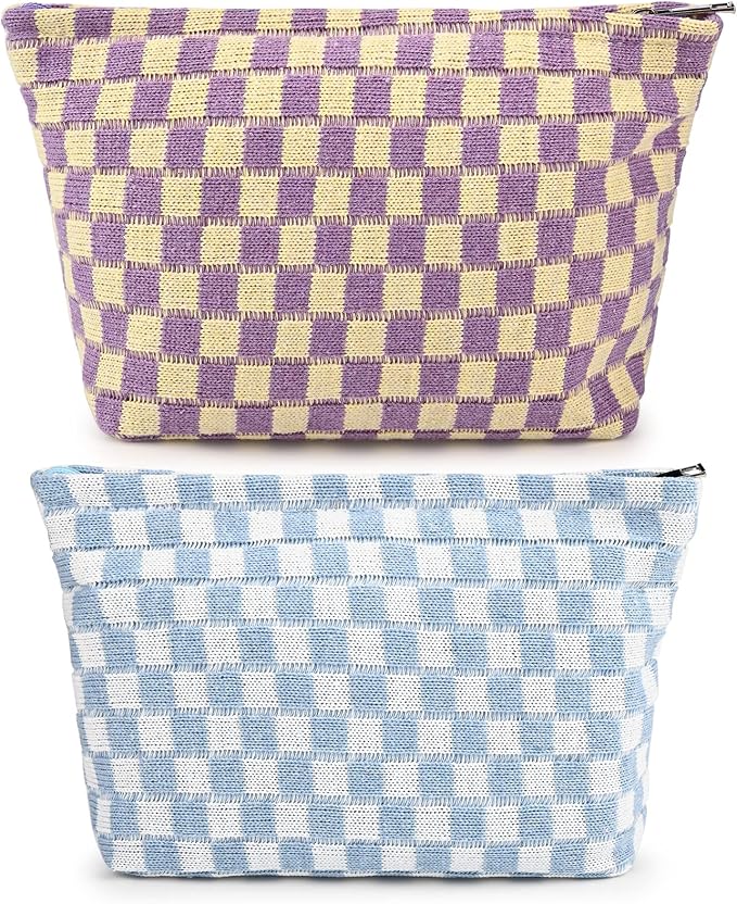 SOIDRAM 2 Pieces Makeup Bag Large Checkered Cosmetic Bag Capacity Canvas Travel Toiletry Bag Organizer Cute Makeup Brushes Aesthetic Accessories Storage Bag for Women,Checkered L Purple Light blue