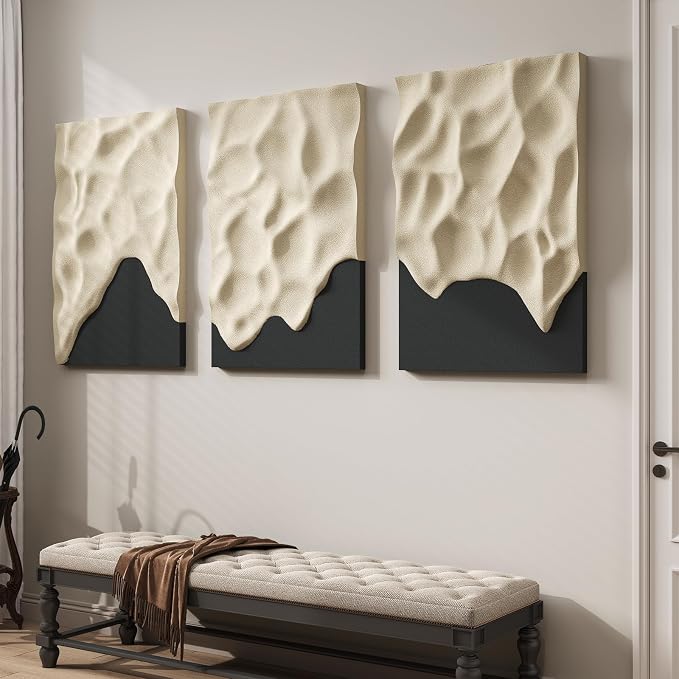 Large 3D Textured Wall Art Decor for Living Room, 3 Piece Modern Abstract Minimalist Artwork for Walls, Contemporary Geometric Paintings Wall Decor for Hallway, Dining Room and Office, 24x36 In