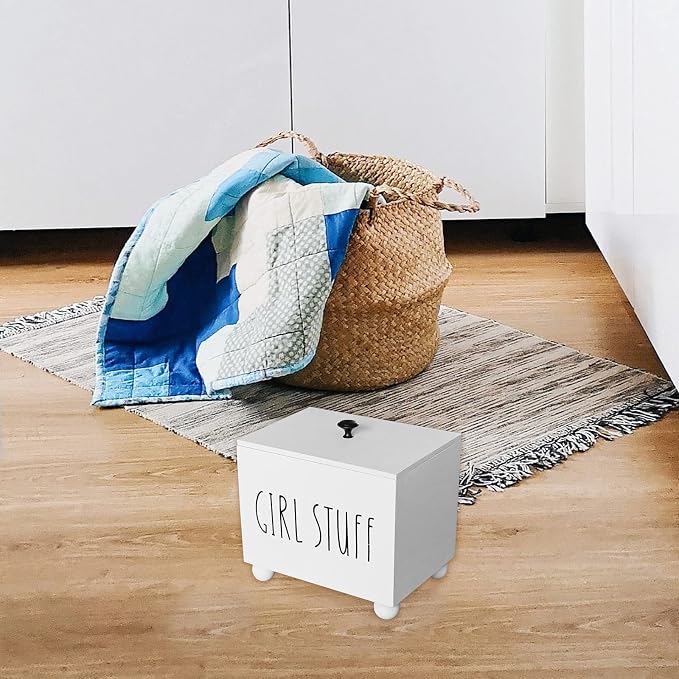 Tampon Holder for Bathroom, Farmhouse Pad Storage Container, Rustic Wood Bathroom Storage Bin with Lid, Period Organizer for Women, Feminine Products Caddy, Bathroom Accessories Decor Box (White)