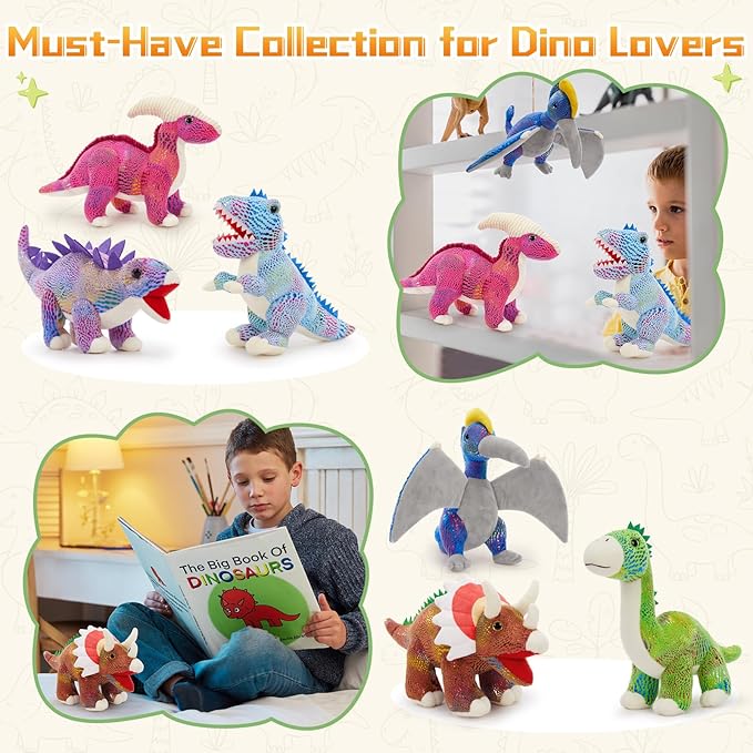 MaoGoLan 6 Pack Dinosaur Stuffed Animals Bulk Party Favors 12 Inch Dinosaur Plush Toy for Kids, Collectible Dino Squad Bundle with T-Rex Velociraptor Stegosaurus Triceratops Pterodactyl