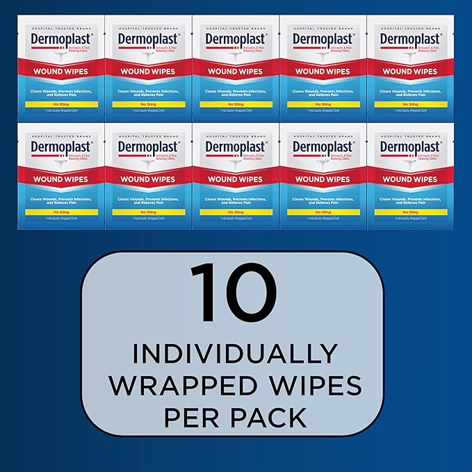 Dermoplast Wound Wipes, Medicated Antiseptic Wipes, First Aid Cloths, Analgesic for Minor Cuts, Scrapes and Burns on The Go, Sting Free Formula, 10 Individual Cloths (Packaging May Vary)