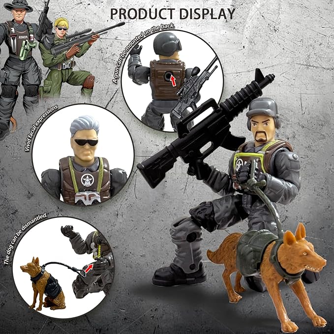 Army Men Action Figures, Toy Soldiers for Boys 4-7 6-8, Plastic Army Men Toys with 2 Dog Figures 6 Weapons Birthday Gift for Kids Boys Military Collectors