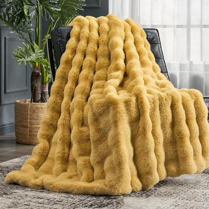 Cozy Bliss Faux Fur Throw Blanket for Couch, Fuzzy Soft Plush Thick Bubble Blanket for Sofa Bedroom Living Room, 50 * 60 Inches Yellow