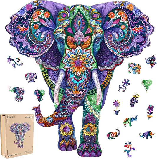 Qiuenisray Wooden Puzzles for Adults, Elephant Jigsaw Puzzles 200 Pieces, FSC Certified Wall Decor, Unique Shape Animal Adult Puzzles, Creative Gift for Family Game 12.4x11.4 in
