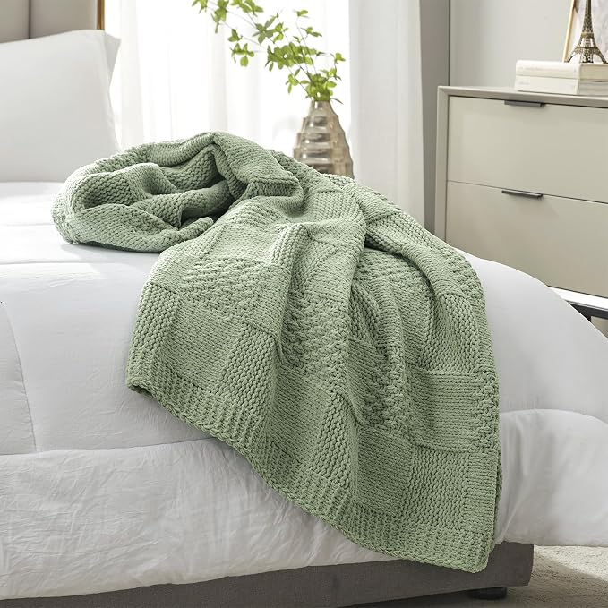 Knit Throw Blanket, Soft Chenille Cozy Breathable Checkered Chunky Decorative Blanket for Couch, Bed & Sofa, French-Inspired Lightweight Warm Gift for Women, Sage Green, 50"x60"
