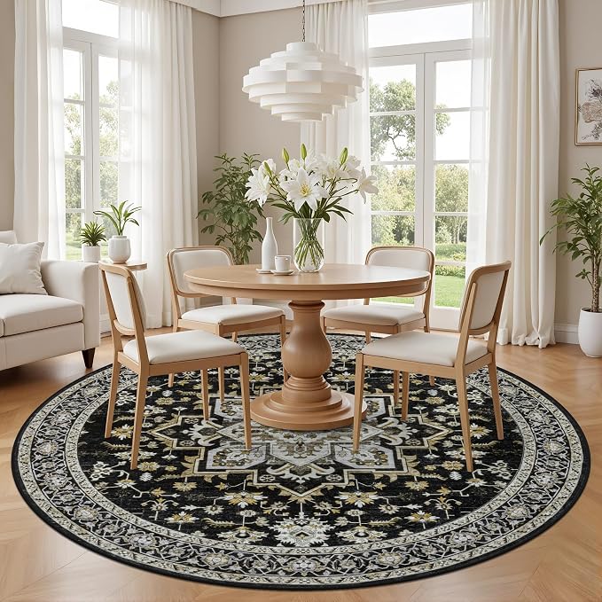 Round Area Rug for Living Room: 6ft Washable Vintage Boho Soft Thin Circle Rug Indoor Floor No Slip Stain Resistant Carpet for Bedroom Dining Room Farmhouse Nursery Home Office -Black Gold