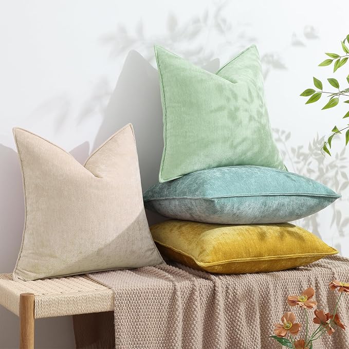 decorUhome Chenille Sage Green Velvet Throw Pillow Covers 22x22 Set of 2 | Fall Soft Euro Sham Couch Decorative Modern Farmhouse Pillow Cases with Elegant Design for Sofa Bed Living Room Home Decor