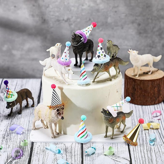 18 Pcs Wolf Miniature Birthday Hats & Figures Cake Toppers with Mini Hat for Birthday Party, Animal Themed Party