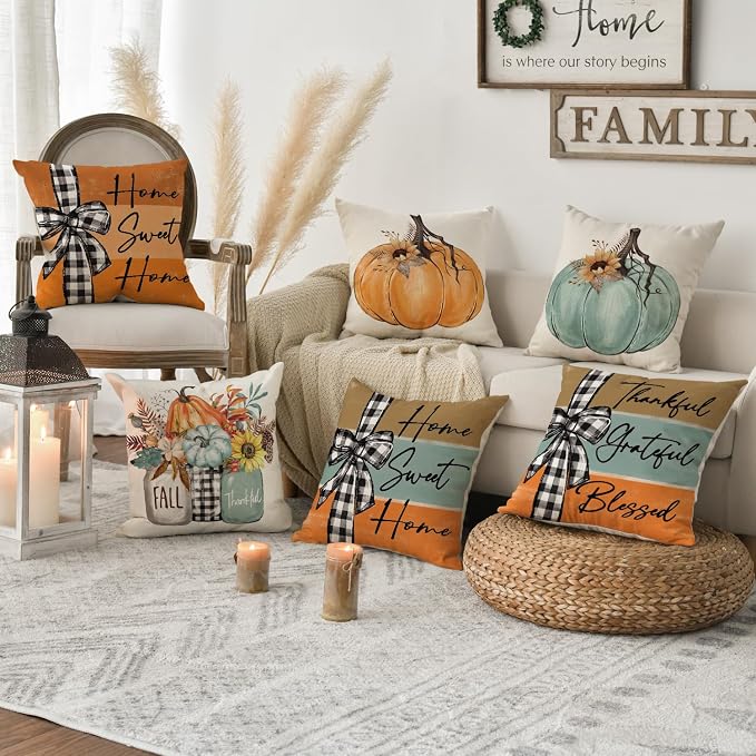 AVOIN colorlife Fall Pumpkin Home Sweet Home Throw Pillow Covers, 16 x 16 Inch Autumn Thankful Grateful Blessed Harvest Floral Decorations for Sofa Couch Set of 4, Blue