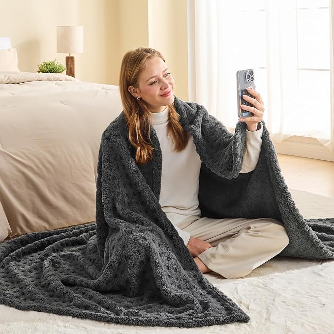 NEWCOSPLAY 3D Waffle Checkered Flannel Queen Blanket, Dark Grey, 90"x90" | Super Soft Cute Lightweight Decorative Premium Silky Fleece Blanket for Couch Sofa Bed, Gift for Women Men, All Season Use