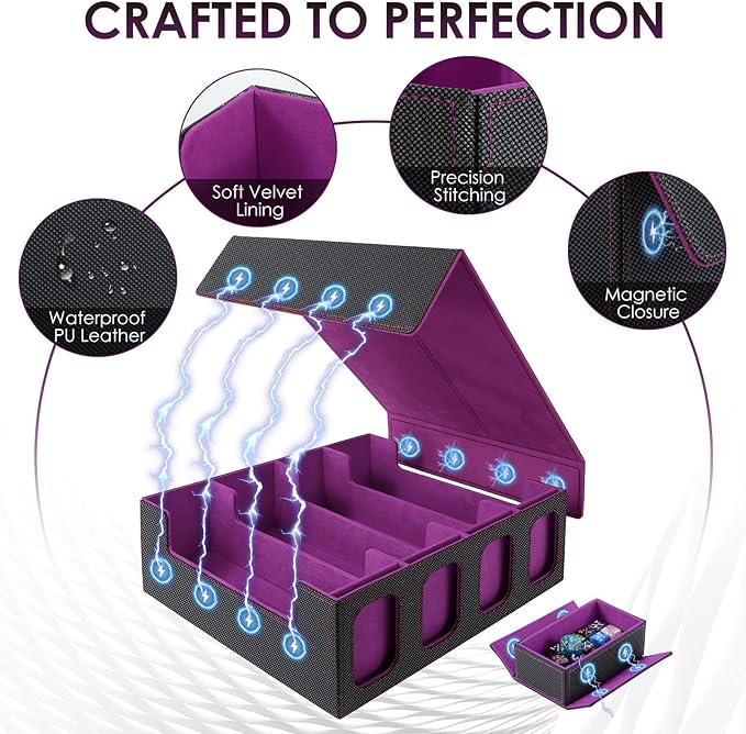 Trading Card Storage Box with Commander Display, 4-Row Deck Case with Removable Lid, 3200+ MTG Deck Box with 24 Colorful Divider, 4 Magnetic Card Holders, 4 Stoppers, Dice Tray(Black Purple)