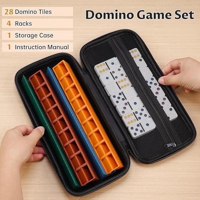 Double 6 Dominos Set for Adults with 28 Tiles 2x1x0.28 Inches & 4 Silicone Domino Racks 10x1.18x1.18 Inches (Large-1)