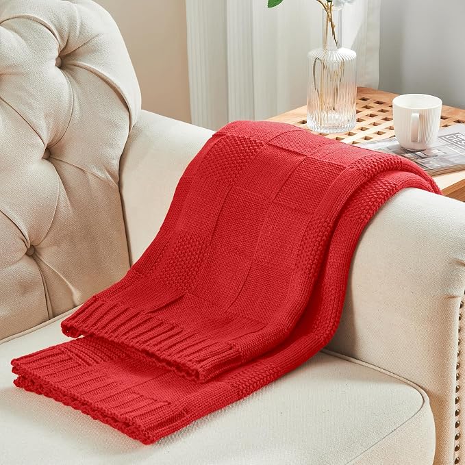 CozeCube Christmas Red Knitted Checkered Throw Blanket 50"X60" | Check Knit Throw for Couch, Decorative Christmas Soft Cozy Warm Blanket for Bed Sofa Living Room