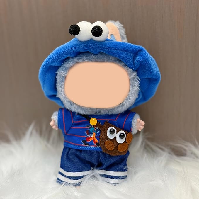 Doll Clothes Set for 15cm/17cm Dolls Outfit Accessories, Blue Headband + Blue Short-Sleeved Shirt + Blue Jeans + Brown Cartoon Crossbody Bag + Clothes Hanger (No Doll Included)