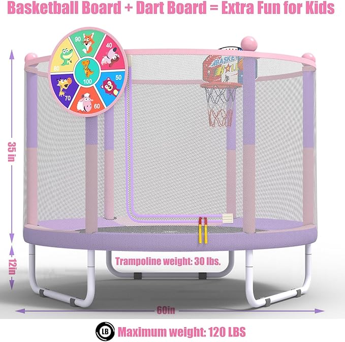 60" Trampoline for Kids, 5ft Toddler Mini 6-in-1 Trampoline Indoor Outdoor with Swing, Basketball Hoop, Dart Board, Rings, Christmas Toys Birthday Gifts for Girls Boys