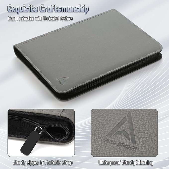 Arkeiliy Card Binder 9 Pocket, Double Sided Pockets Trading Card Binder with 30 Sleeves, Premium Zip Trading Card Holder Collector Album Holds 540 MTG (grey)