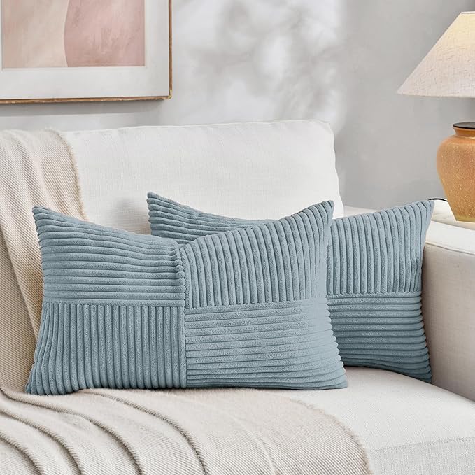 Fancy Homi Set of 2, Light Blue Patchwork Corduroy Decorative Soft Striped Modern Accent Cushion Case Farmhouse Boho Neutral Throw Pillow Covers for Chair Couch Bed Sofa Living Room 32x16 Inch