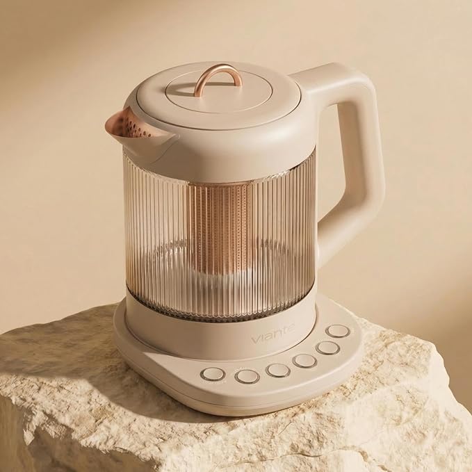 Viante Nina Electric Tea Kettle with Infuser, No Plastic In Contact With Water, 1.5L Borosilicate Glass, 304 Stainless Steel, 4 Temp Presets, Keep Warm, Cordless, Auto Shut-Off, Beige