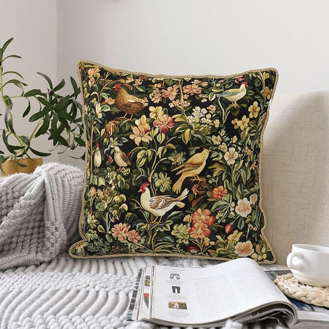 Vintage Floral Animal Velvet Pillow Covers 16x16 Inch Black Green Flowers Leaf Throw Pillows for Couch Farmhouse Cushion Covers Pillowcase Boho Chinoiserie Pillow Cases for Sofa Bed Outdoor Decor