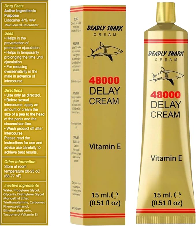 Deadly Shark 48000 Delay Cream for Men with Vitamin E, Male Performance Support Cream for Temporary Sensitivity Reduction, Long Lasting Comfort Formula, 0.51 fl oz (15 ml)
