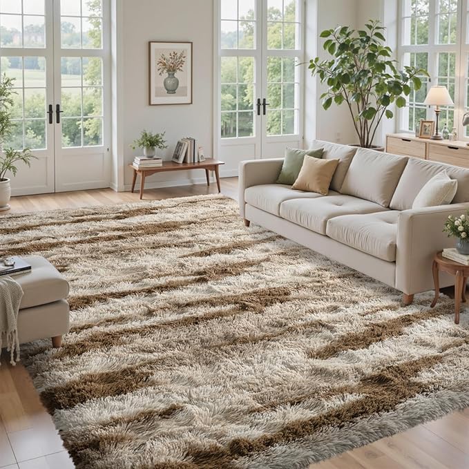 9x12 Ft Large Shag Plush Rugs for Living Room,Ultra Soft Fluffy Furry Area Rugs Non-Slip Carpet for Bedroom,Nursery,Kids Room,Dorm,Aesthetic Home Decor (Khaki)