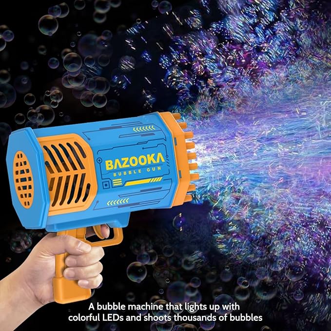 Bubble Gun Bazooka Machine with Solution - 69 Holes Blaster for Outdoor Summer Toy, Party Favors - Blue Halloween Bubble Maker Blowers for Kids