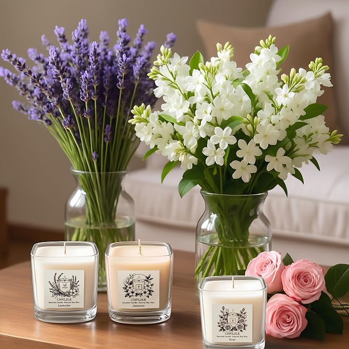 Handmade Natural Soy Scented Candles for Home 3 Pack | Lavender Candle, Rose and Jasmine Aromatherapy, Anthropologie Style Decor, Stress Relief Gifts for Women
