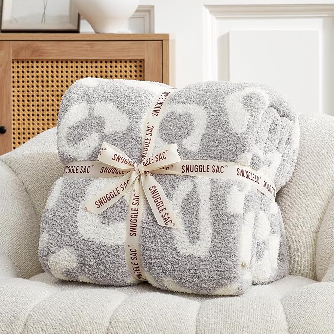 Snuggle Sac Leopard Queen Size Grey Microfiber Fluffy Warm Cozy Fuzzy Soft Blanket Reversible Cheetah Blankets for Bed, Couch, Sofa, 90x90 inches