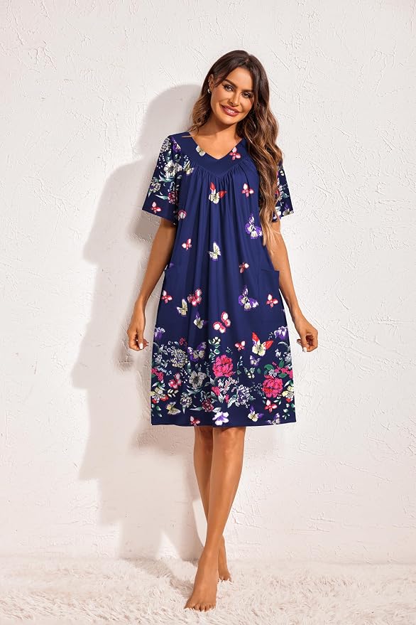 Ekouaer Womens House Dress Floral Print Nightgown with Pockets Mumu Dress