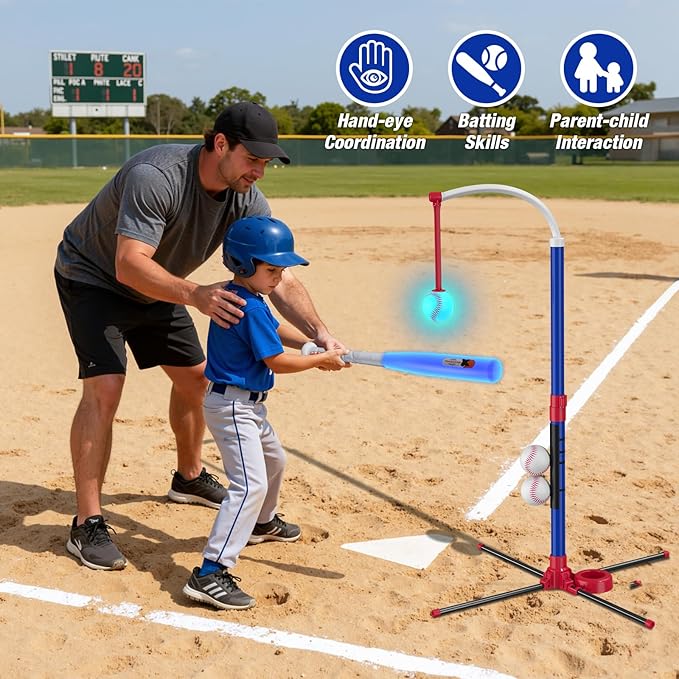 HYES 3-in-1 LED Baseball Set for Kids 3-5 - Tee Ball Stand, Hanging Tee, Ball Launcher and 4 Softballs - Adjustable Height, Indoor/Outdoor Sport Gifts for Boys Girls, Blue