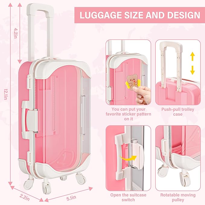 Doll Suitcase Travel Set, 18 inch Doll Clothes and Accessories - 28 Pcs Travel Pillow, Unicorn Bag, Sunglasses, Camera, Computer, Phone, Passport, Birthday Gift for Age 3 4 5 6 Year Old Girls