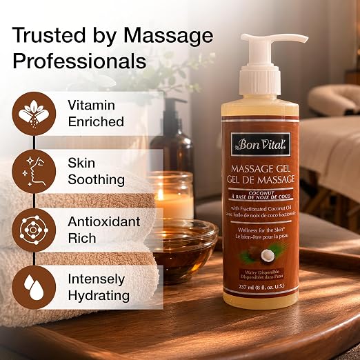 Bon Vital' Coconut Massage Gel, 8 oz, Lightweight Formula with Pure Fractionated Coconut Oil, Professional Therapy Lotion, Hydrating and Unscented