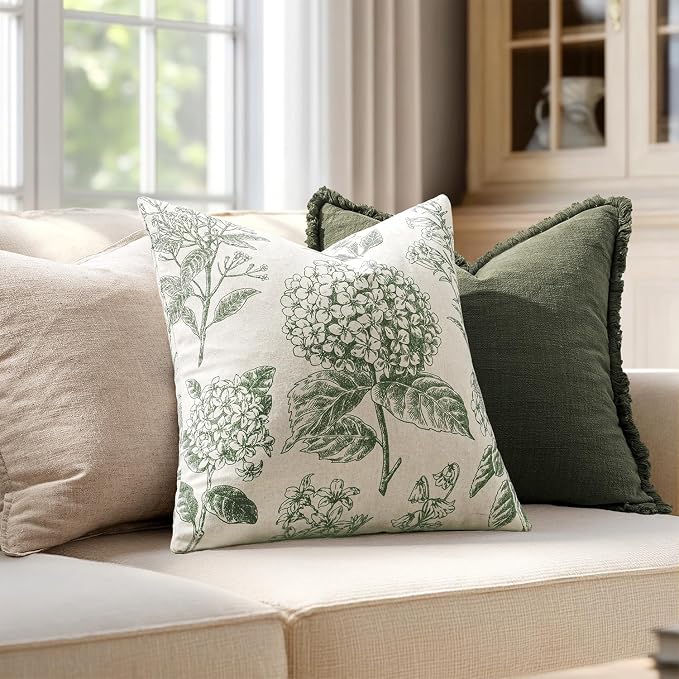 Set of 2 Decorative Floral Pillow Covers 22x22 Inch Dark Green | Neutral Hydrangea Print, Boho Vintage Throw Cushion Covers, Cottagecore Home Decor, for Sofa Couch Porch Bedroom Living Room