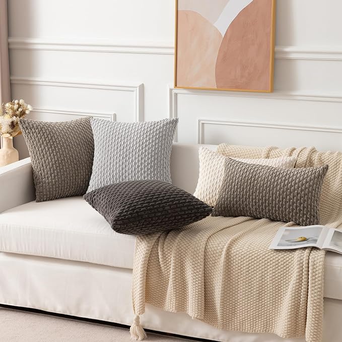Kevin Textile Soft Corduroy 14"x20" Lumbar Pillow Cover 1 Pack, Light Grey | Boho Stripe Plush Corduroy Decorative Oblong Cushion Cover Modern Farmhouse Home Decor for Sofa Couch Bed Chair