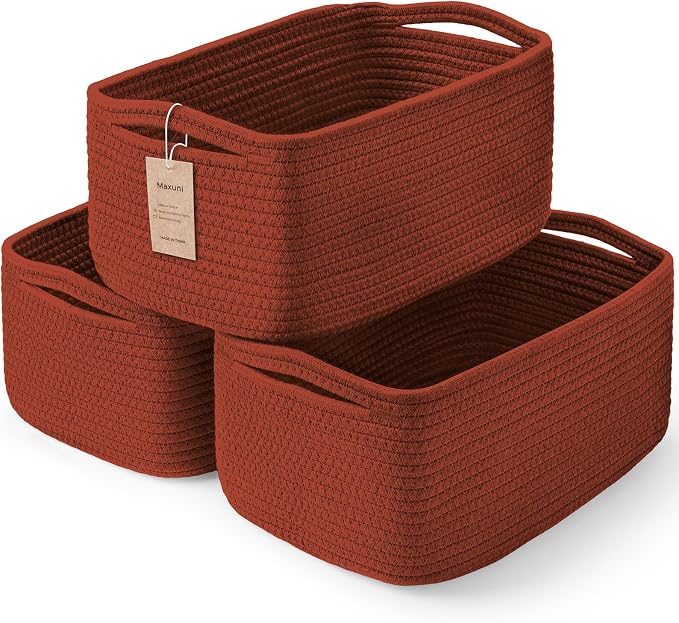 3 Pack Small Storage Baskets for Organizing, 11.8×7.8×5.1", Oxide Red | Woven Baskets for shelves, Cotton Rope Basket for Gifts Empty, Closet Organizer Bins with Handles, Cube Decorative Box
