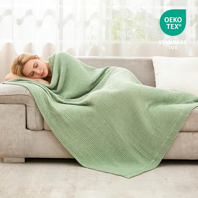 EMME Muslin Blankets for Adults Throw Blanket for Couch Breathable Gauze Soft Lightweight Airy Sage Green Throw 50" x 60"