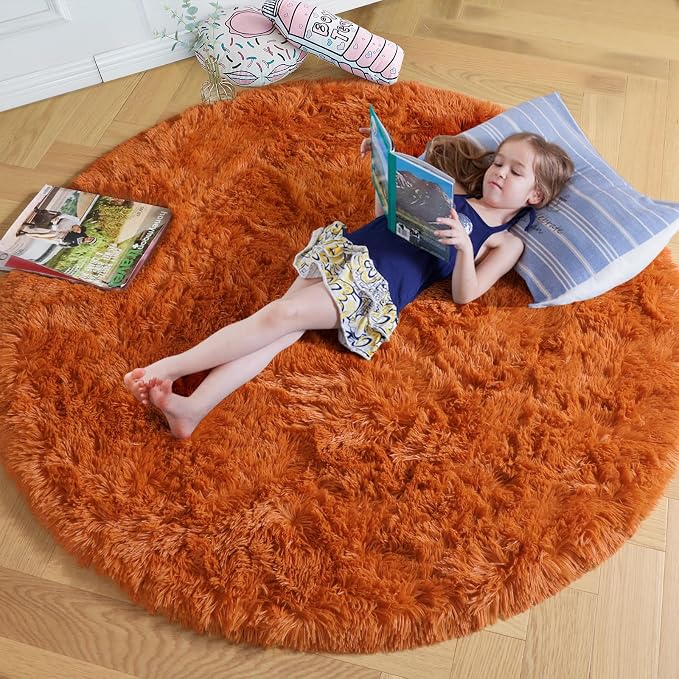 Amdrebio Burnt Orange Large Round Rugs 8Ft for Living Room Bedroom, Big Shaggy Plush Fuzzy Furry Circle Area Rugs for Kids Room Decor Aesthetic, Fluffy Shag Dark Orange Carpet for Apartment Classroom